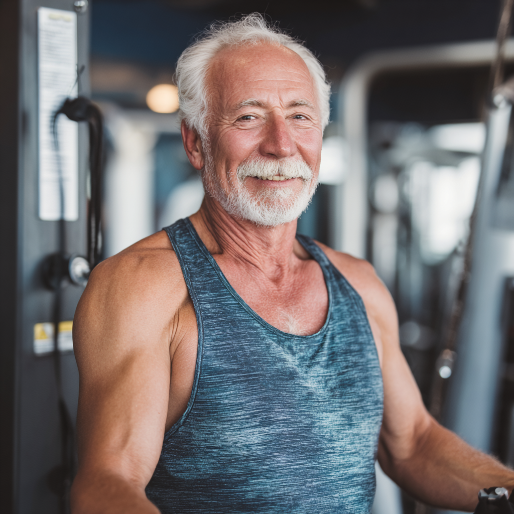 Elderly European man with a confident smile standing near a motorcycle, wearing casual clothing, representing strength and motivation