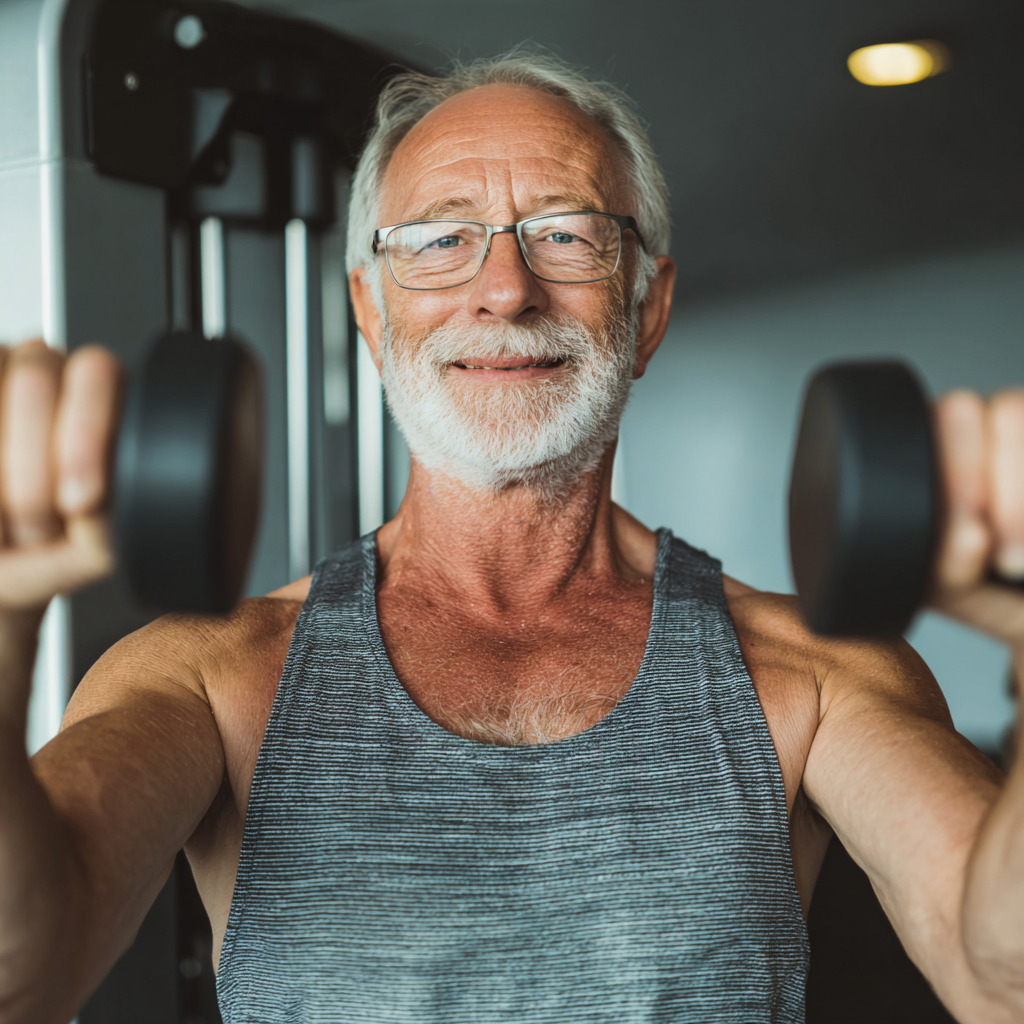 Group of elderly European people exercising together outdoors, smiling and showing determination, representing healthy lifestyle and fitness motivation